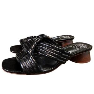 Vince Camuto Black Leather Crisscross Slide Sandals Square Toe Wood Heel 8.5M